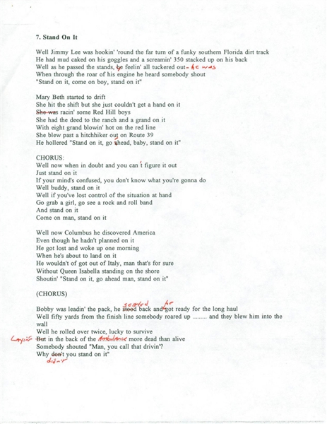 Bruce Springsteen Rare Handwritten Corrected Original "Stand On It" Lyrics! (JSA)