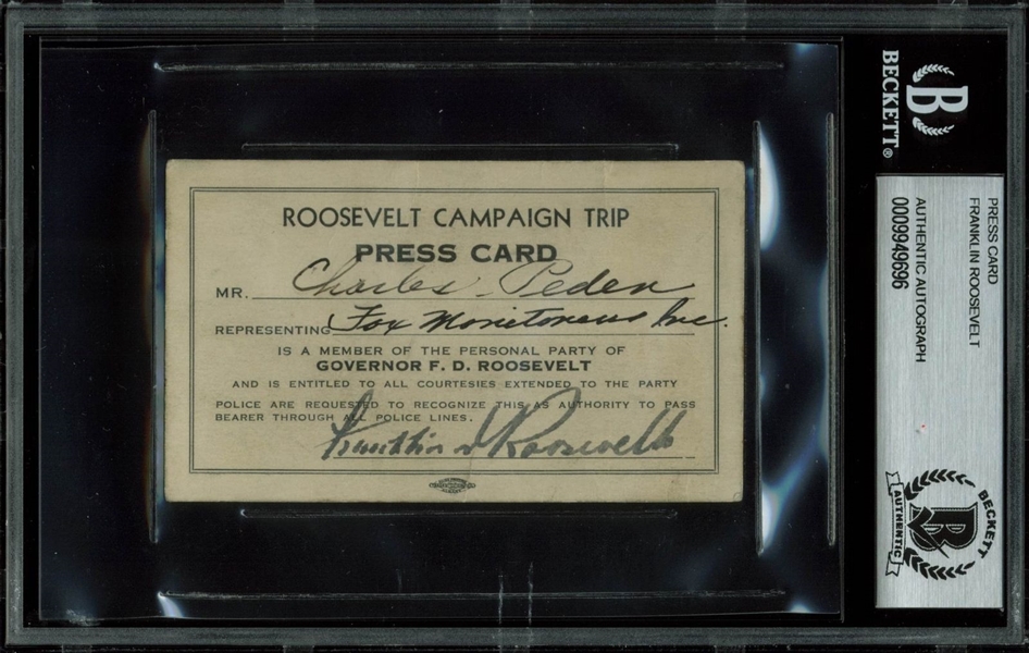 Franklin D. Roosevelt Signed Campaign Trip Press Card (BAS/Beckett Encapsulated)