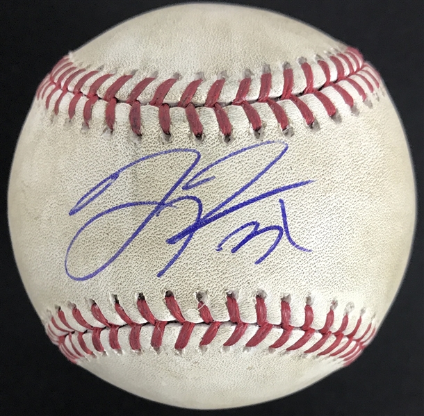 Joc Pederson Signed & Game Used OML Baseball :: 4-18-15 COL @ LAD :: Pederson At-Bat! (MLB Authentication Hologram & JSA COA)