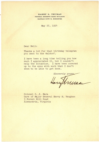 Harry Truman Near-Mint Signed 1954 Typed Letter (Beckett/BAS)