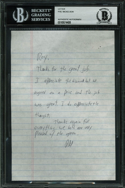 Phil Mickelson Handwritten & Signed Letter (BAS/Beckett Encapsulated)