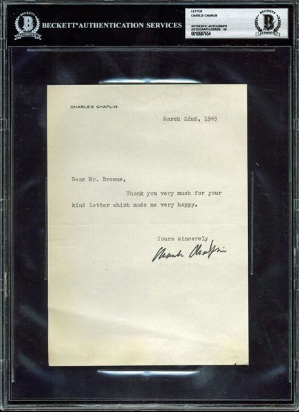 Charlie Chaplin Signed 1965 Note - BAS/Beckett Graded GEM MINT 10!