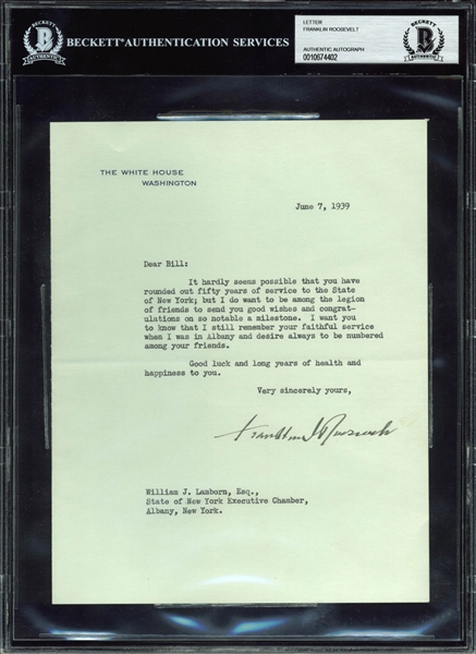 President Franklin D. Roosevelt Signed White House Letter as President (1939)(PSA/DNA)