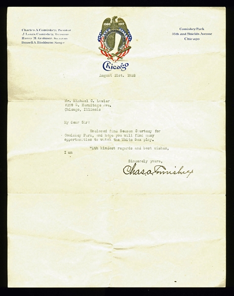Charles A. Comiskey Ultra Scarce Signed Typed Letter On White Sox Stationary! (Beckett/BAS)