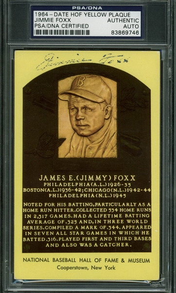 Beautiful Jimmie Foxx Signed Hall of Fame Plaque Postcard (PSA/DNA Encapsulated)