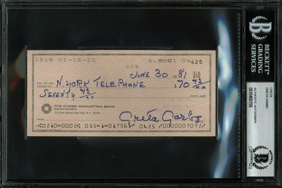 Greta Garbo Signed & Hand Written 1981 Bank Check (BAS/Beckett Encapsulated)