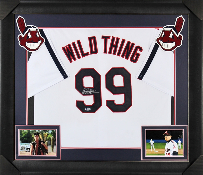 Charlie Sheen Signed Indians #99 "Wild Thing" Jersey in Custom Framed Display (BAS/Beckett)