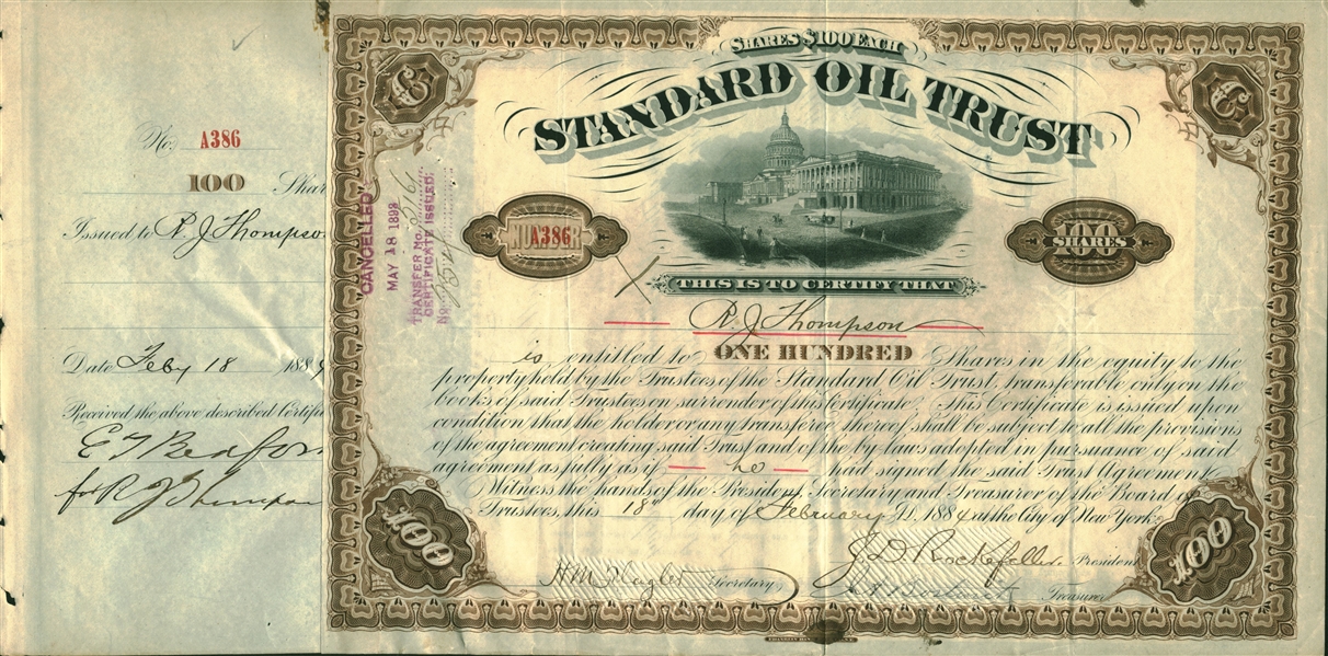 John D. Rockefeller ULTRA-RARE Signed 1889 Standard Oil Stock Certificate (Beckett/BAS)