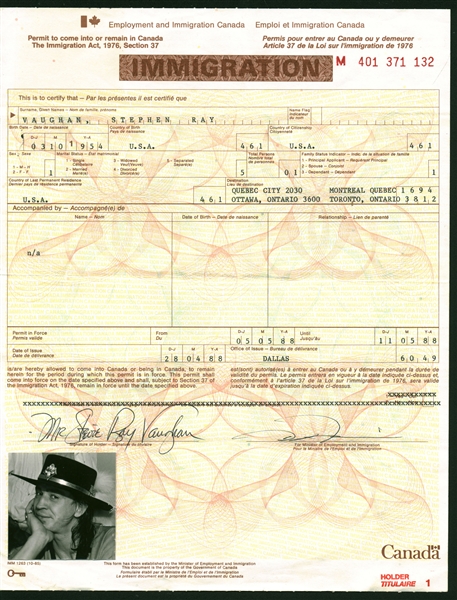Stevie Ray Vaughan One-Of-A-Kind 1988 Canadian Immigration & Employment Document (Becket/BAS Guaranteed)