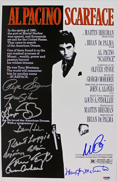 "Scarface" Phenomenal Cast Signed 11" x 17" Movie Poster with Pacino, Bauer, Loggia, etc. (11 Sigs)(PSA/DNA w/Pacino ITP)