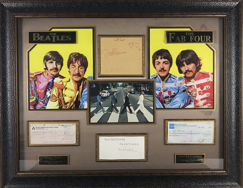 The Beatles Group Signed 36" x 27" Display w/ All Four Members & John Lennon Sketch! (JSA)