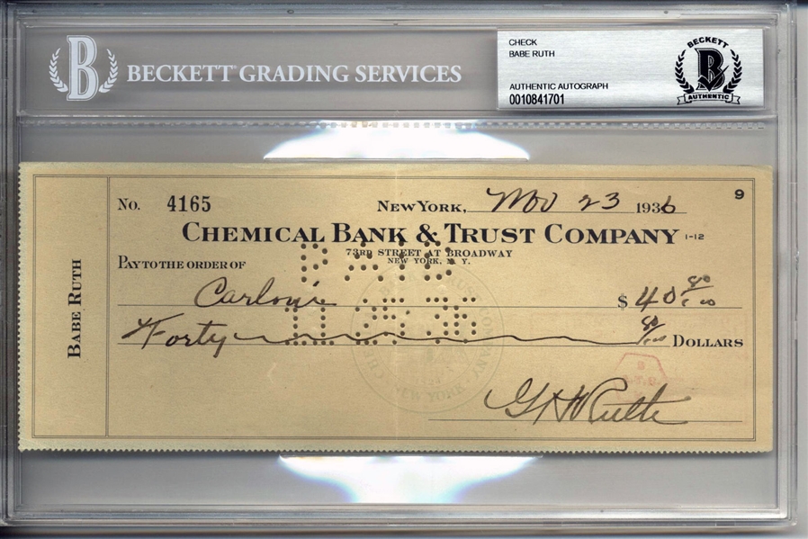 Babe Ruth Signed & Handwritten 1936 Personal Bank Check (Beckett/BAS Encapsulated)