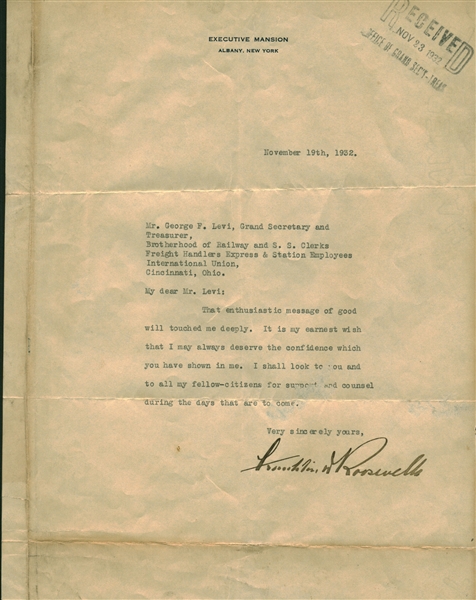 President Franklin D. Roosevelt Signed Typed 1932 Executive Manson Letter (Beckett/BAS Guaranteed)