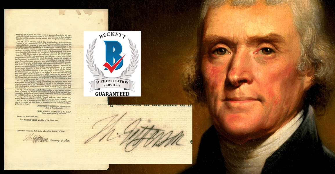 Thomas Jefferson ULTRA-RARE Signed Second United States Congress 1793 Indian Trade Act Approved By Washington! (Beckett/BAS Guaranteed)