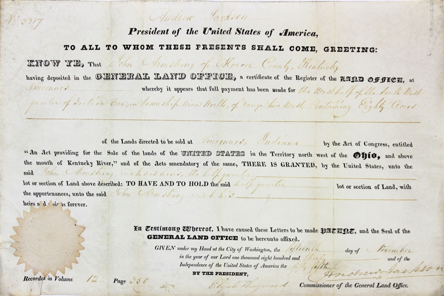 President Andrew Jackson Signed 1830 Land Grant (Beckett/BAS)