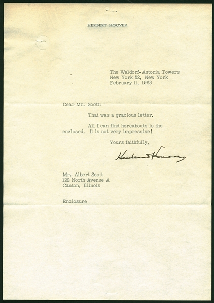 President Herbert Hoover Signed 1963 Typed Letter (Beckett/BAS)
