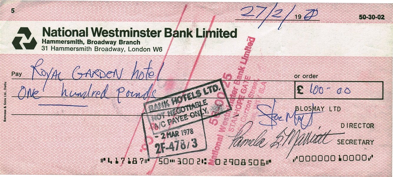Steve & Pamela Marriott Rare Signed 1978 Bank Check (REAL/Epperson)