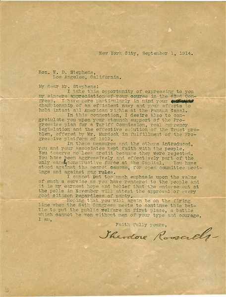 President Theodore Roosevelt Signed 1914 Typed Letter (Beckett/BAS Guaranteed)
