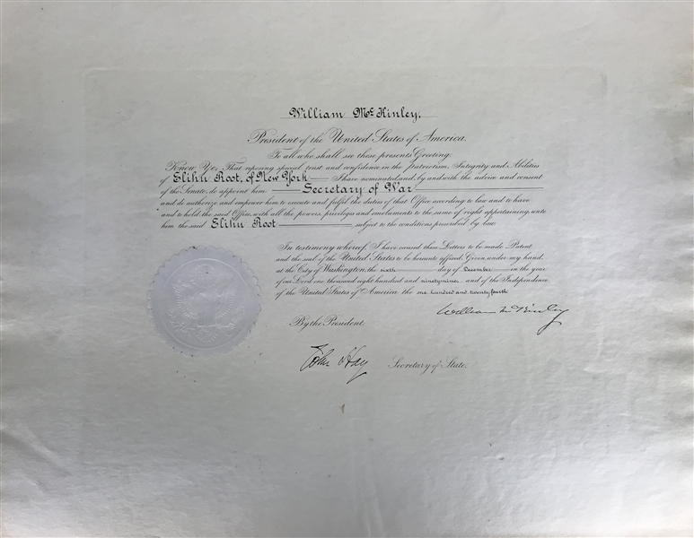 William McKinley Signed 1899 Presidential Cabinet Secretary of War Appointment! (Beckett/BAS Guaranteed)