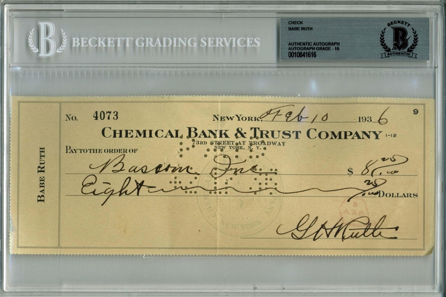 Babe Ruth Exceptional Signed & Hand Written 1936 Bank Check - Beckett/BAS Graded GEM MINT 10!