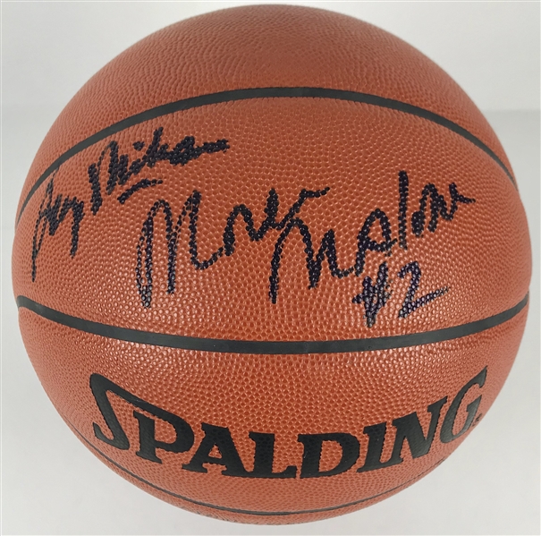 NBA Legends Signed Spalding Leather Game Model Basketball w/Mikan, Malone & Barry (Beckett/BAS Guaranteed)