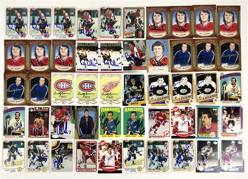 NHL Hall of Famers Signed Trading Card Lot (114) w/Hull, Chelios, LeFleur, Bowman, etc. 