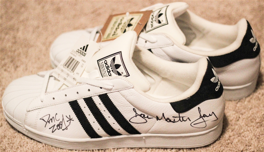 Run DMC RARE Group Signed Adidas Sneakers with Jam Master Jay, Rev Run & DMC (Beckett/BAS Guaranteed)