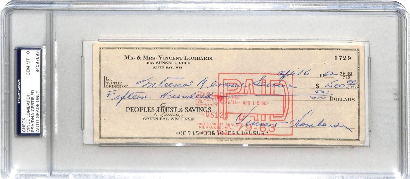 Vince Lombardi Signed 1962 Personal Bank Check to IRS (PSA/DNA Graded GEM MINT 10)