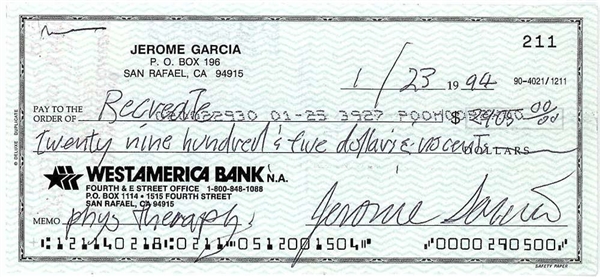 The Grateful Dead: Jerry Garcia Signed 1994 Bank Check with Rare Near-Mint "Jerome Garcia" Signature(Beckett/BAS)