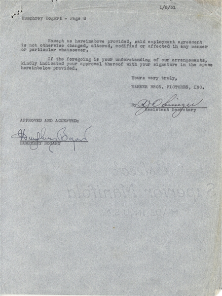Humphrey Bogart Rare Signed 1950 Warner Brothers Motion Picture Document! (PSA/DNA)