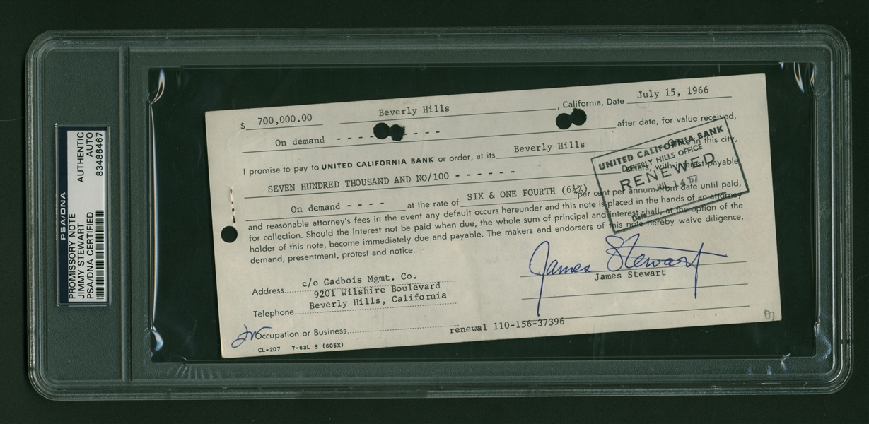 Jimmy Stewart Signed $700,000 Promissory Note (PSA/DNA)