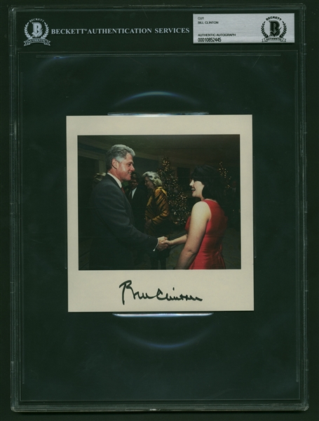 President Bill Clinton Rare Signed 5.5" x 6" Cardstock Photograph w/ Monica Lewinsky (Beckett/BAS Encapsulated)