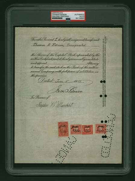 Thomas Edison Signed Edison Thomas A. Edison Incorporated Stock Certificate (PSA/DNA Encapsulated)