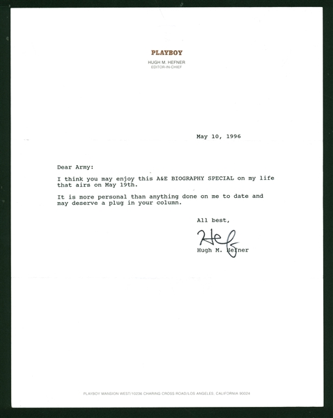 Playboy: Hugh Hefner Signed Typed 7" x 9" Letter (JSA)