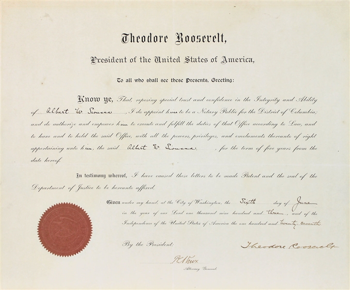 President Theodore Roosevelt Signed 1903 Presidential Appointment Document (BAS/Beckett)