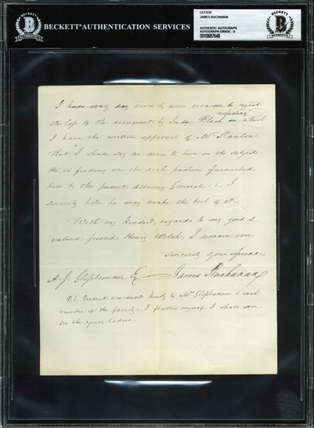 James Buchanan Handwritten & Signed 1862 Letter (BAS/Beckett Encapsulated & Graded MINT 9)