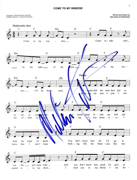 Melissa Etheridge Signed "Come To My Window" Sheet Music (Beckett/BAS)
