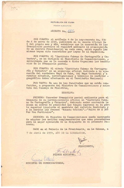 Fidel Castro Vintage Signed 1959 Cuban Document (Beckett/BAS)
