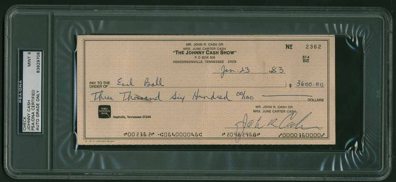 Johnny Cash Signed 1983 Bank Check PSA/DNA Graded MINT 9!	