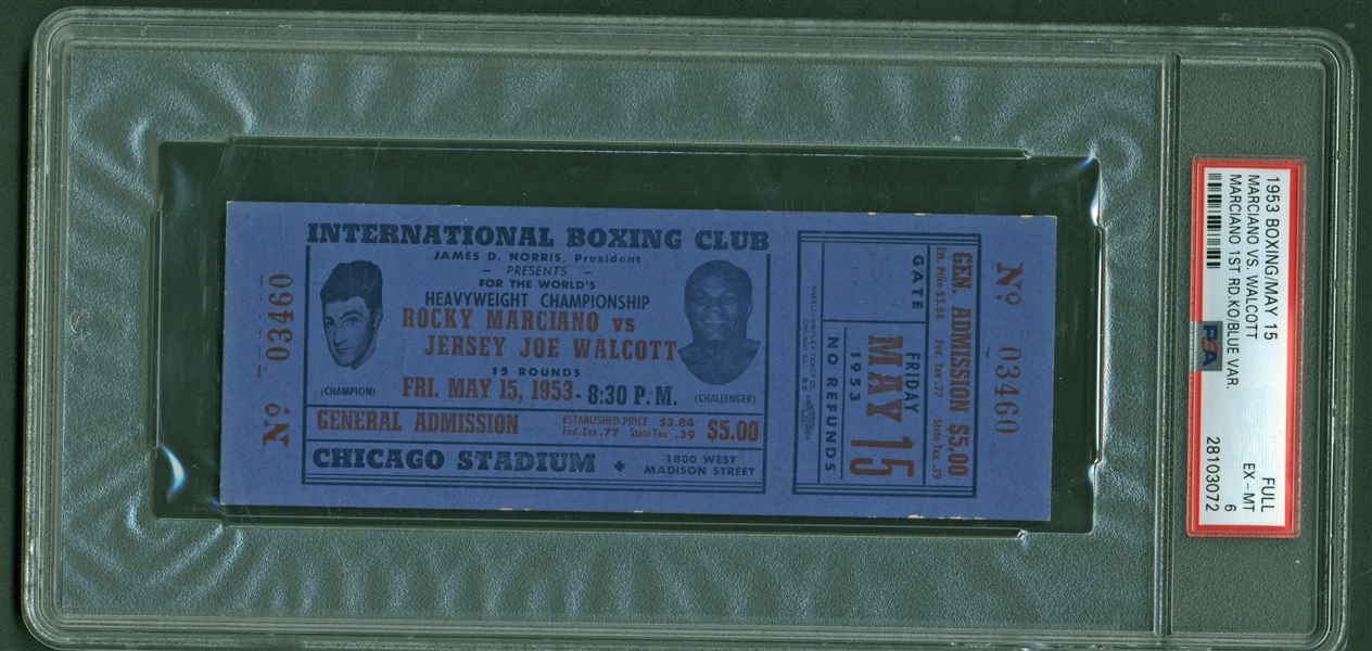Marciano Vs. Walcott Original 1953 Heavyweight Championship Boxing Ticket -PSA EX-MT 6!