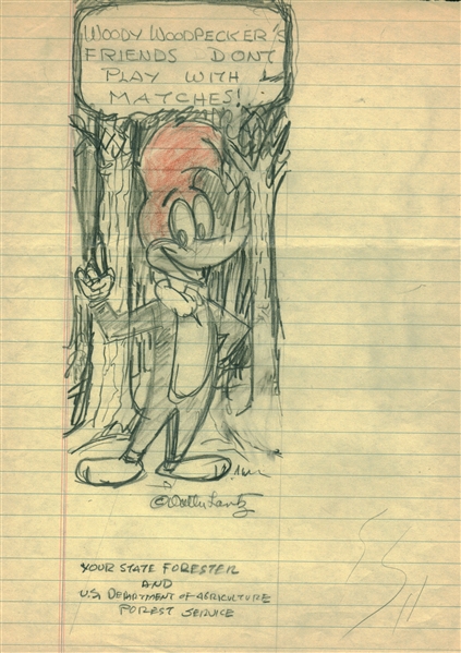 Walter Lantz Signed & Highly Detailed Hand Sketched Woody The Woodpecker (Beckett/BAS)
