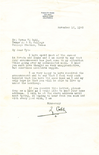 Ty Cobb Superbly Signed 1940 Typed 7" x 10.5" Letter (Beckett/BAS)