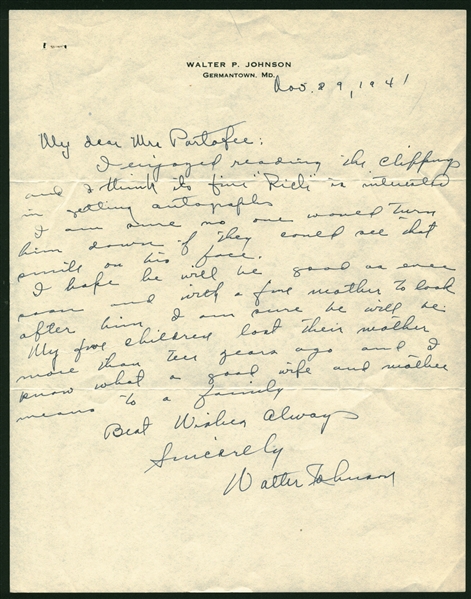 Walter Johnson 1941 Signed & Hand Written 8.5" x 11" Personal Letter (Beckett/BAS)