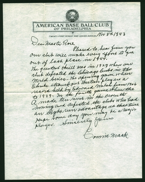 Connie Mack Signed & Handwritten 1943 Letter w/ 1929 World Series Content! (Beckett/BAS)