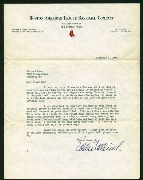 Eddie Collins Signed 1943 Boston Red Sox Letter w/ Great Baseball Content! (Beckett/BAS)