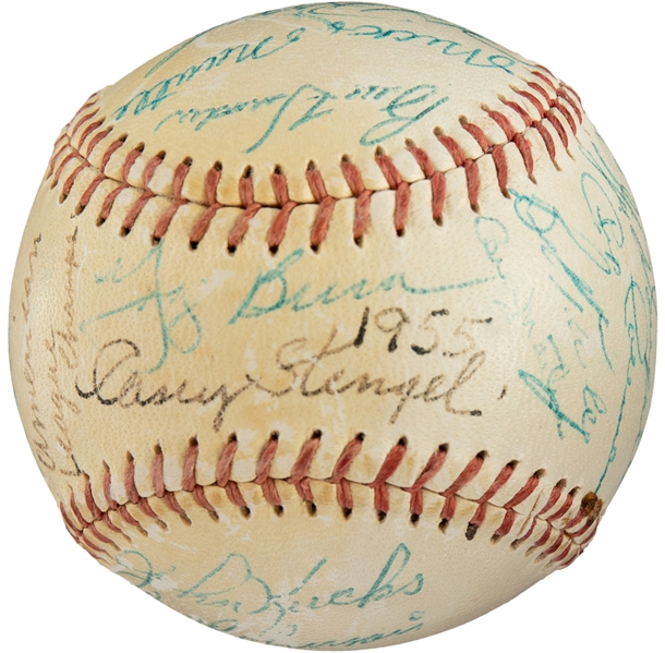 1955 New York Yankees Team Signed OAL Baseball w/ Rare Stengel/Berra Sweet Spot! (PSA/DNA)