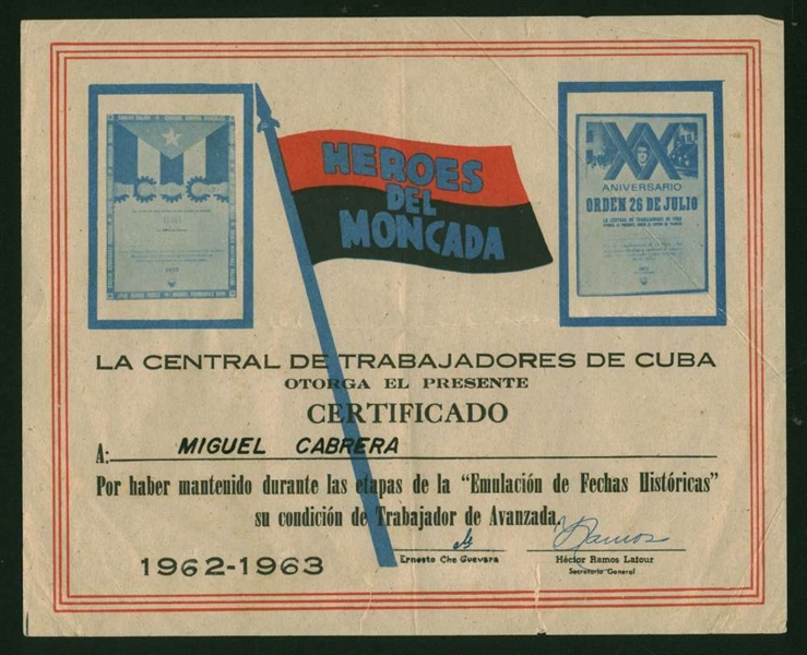 Che Guevara Signed 1962-63 Cuban Certificate - Beckett/BAS Graded MINT 9!