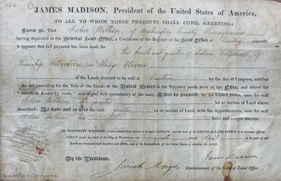 James Madison Signed 1816 Presidential Land Grant (BAS/Beckett)