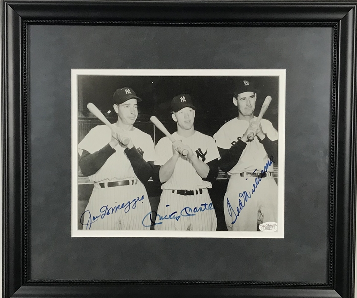 Mickey Mantle, Ted Williams & Joe DiMaggio Near-Mint Signed & Framed 8" x 10" B&W Photo (JSA)