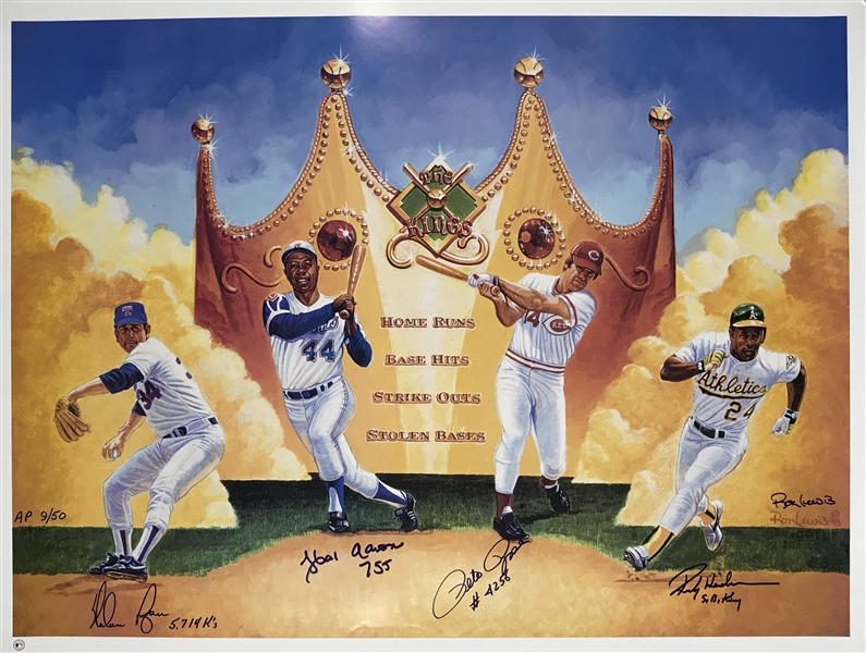 The Kings of Baseball Signed 32" x 42" Limited Edition Ron Lewis Lithograph w/ Ryan, Aaron, Rose & Henderson! (Beckett/BAS Guaranteed)